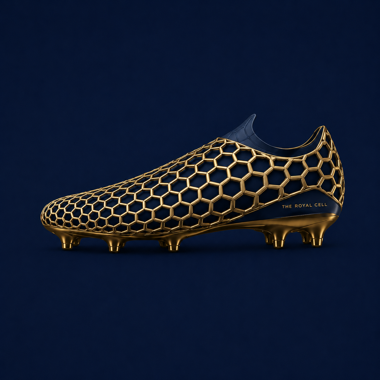 The Royal Cell — gold honeycomb football boot on a deep navy stage